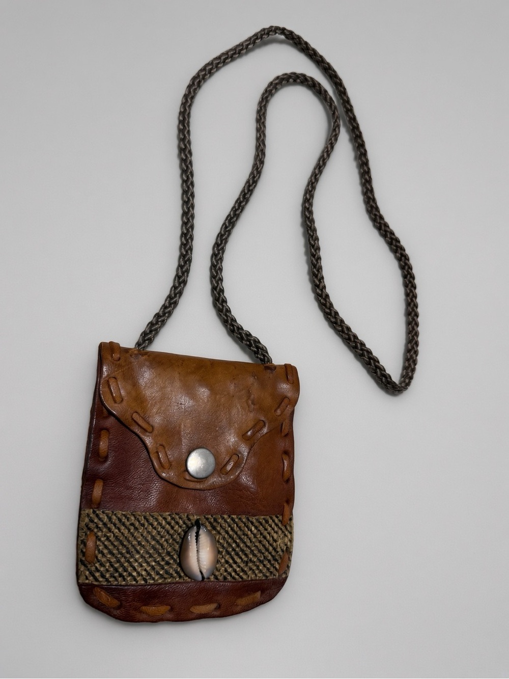 Handmade Leather Cowrie Shell Neck Pouch Boho Medicine Bag